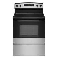 30-inch electric range with stainless steel and black finish, digital controls, and large glass oven window in kitchen appliances collection