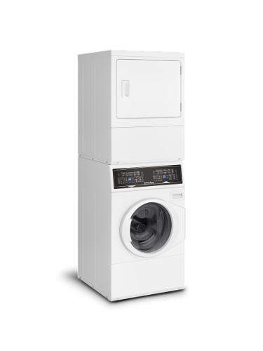 White 27" stacked front load gas washer-dryer combo with digital control panel for appliance laundry centers