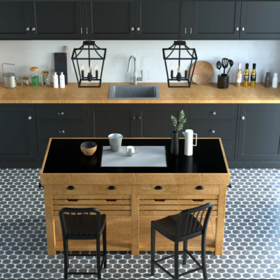 Pair of natural iron 4-light lantern pendants over wooden island in modern kitchen with black cabinetry and hex tile floor