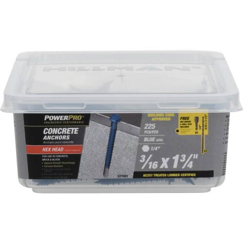 Clear plastic container of blue steel Power Pro hex head concrete anchors for home improvement hardware projects under $50 collections