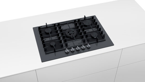 Dark silver tempered glass gas cooktop with five burners and durable enamelled grates for home improvement and Bosch appliances