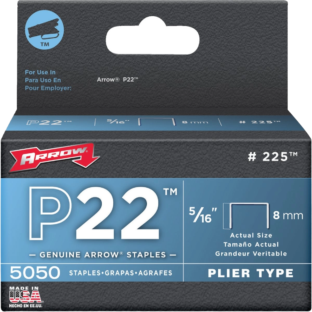 Blue and black box of plier type staples for fasteners in hardware and home improvement collections