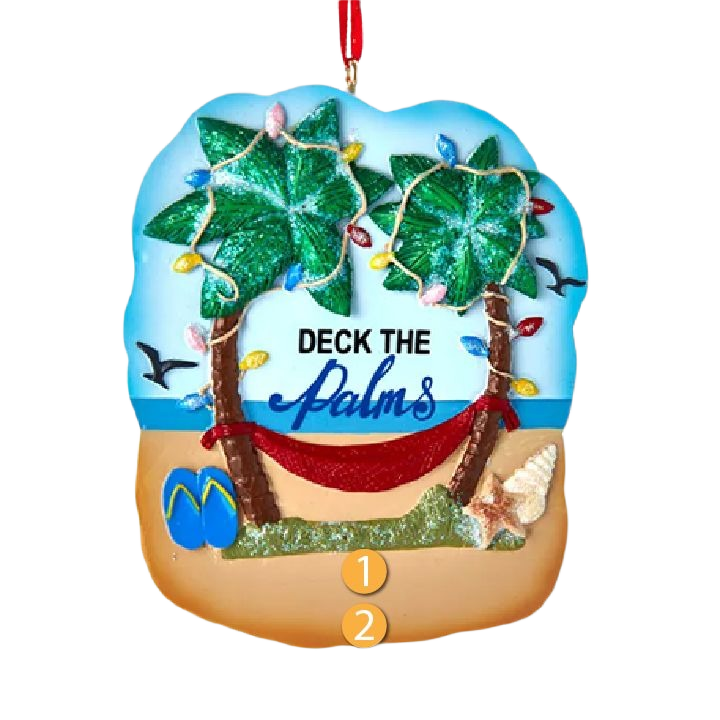 Personalized beach ornament with palm trees, hammock, seashells, and festive lights for Christmas tree décor under $50 collections