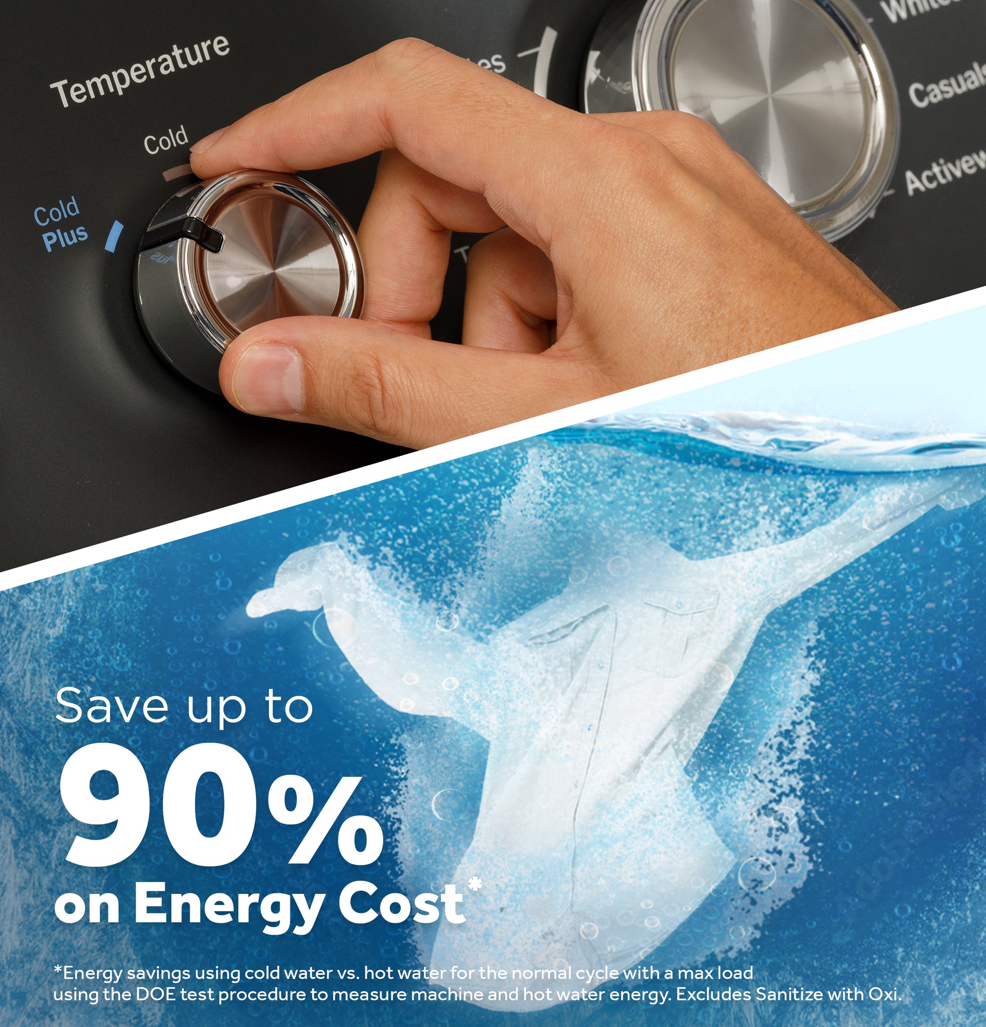 Hand adjusting cold plus temperature setting on washer control panel in washers and appliances collection
