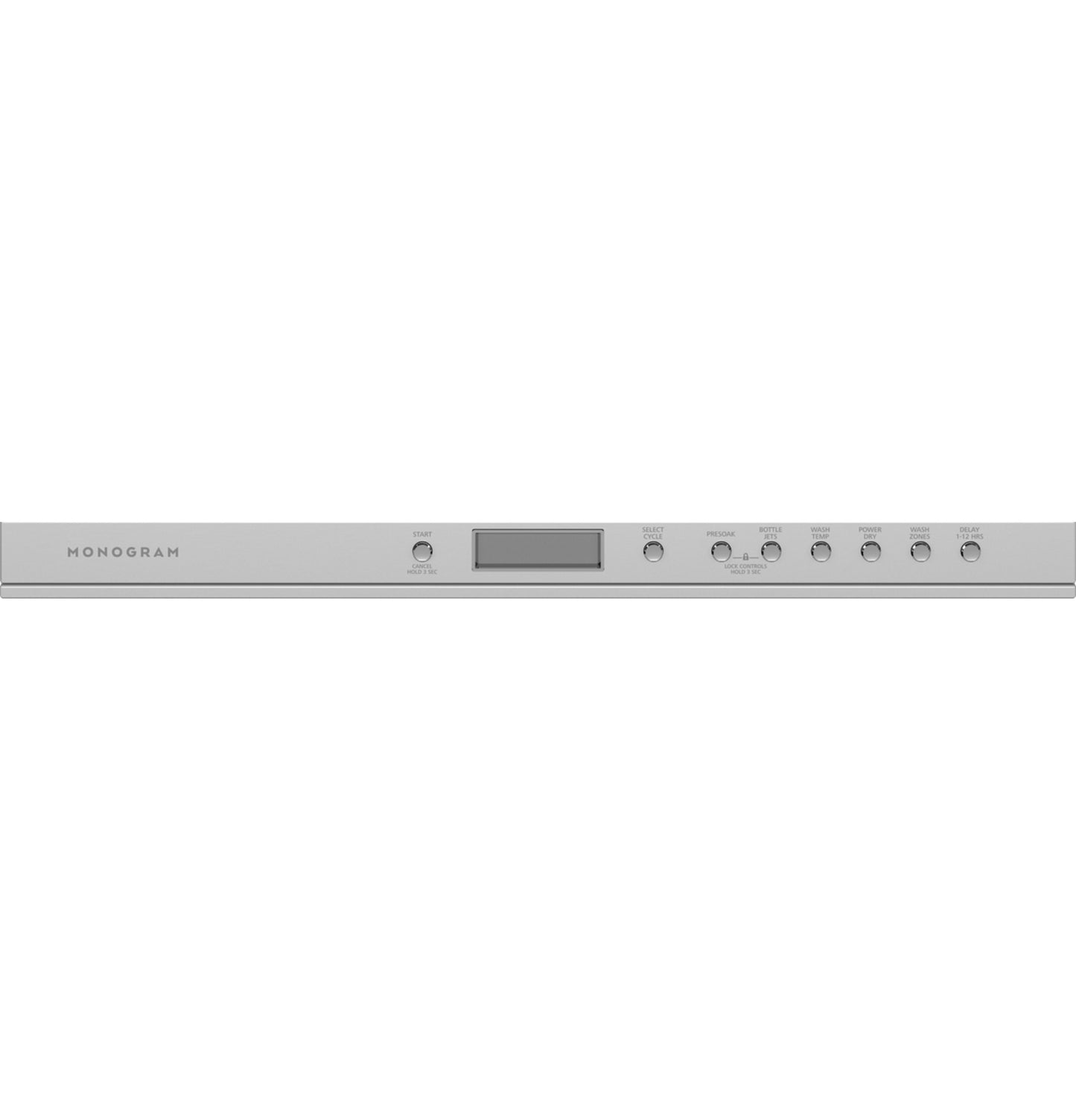 Control panel of stainless steel Monogram 24-inch fully integrated dishwasher from Built-in Dishwashers collection