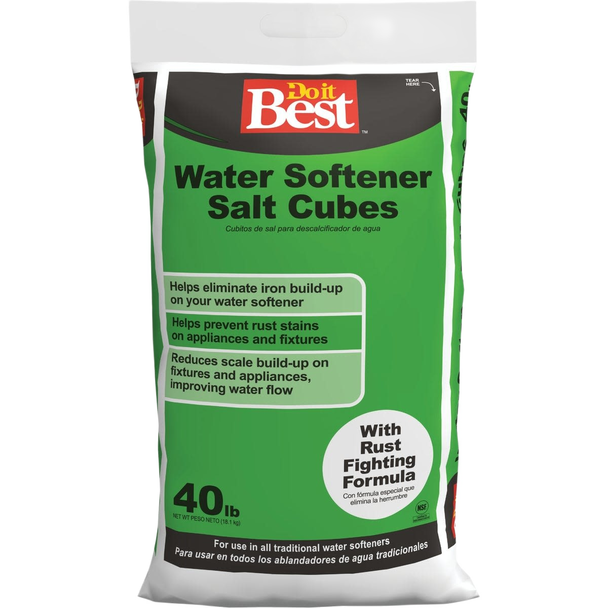 Green and white bag of water softener salt cubes with rust remover, labeled for home improvement use and 40 lb. weight