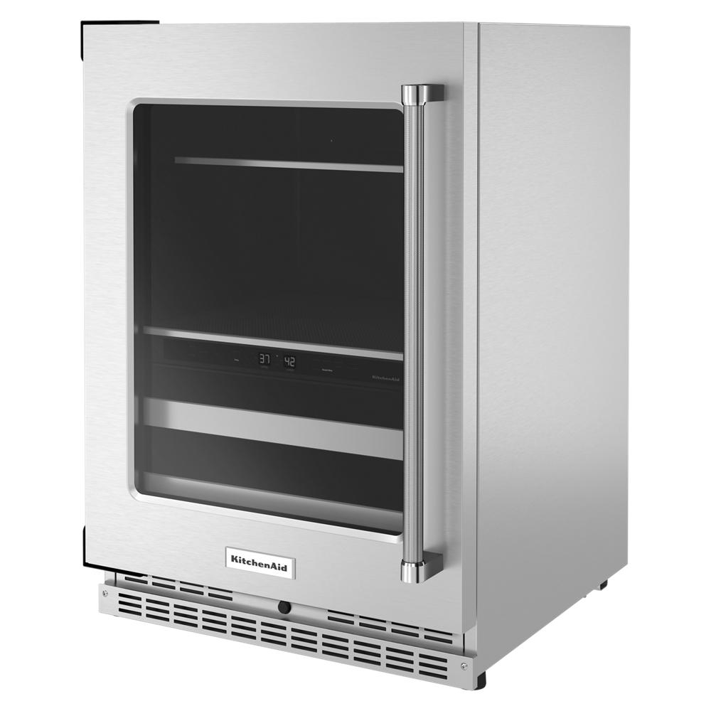 Undercounter beverage center with stainless steel exterior, glass door, metal racks, and dual zone temperature controls from KitchenAid collection