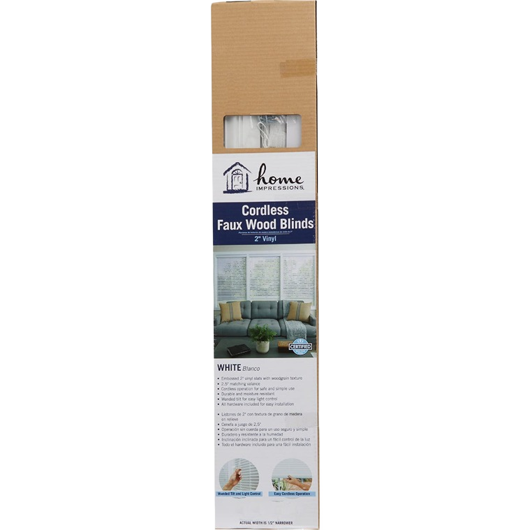Packaging of white faux wood cordless blinds with textured finish for easy installation and home improvement use