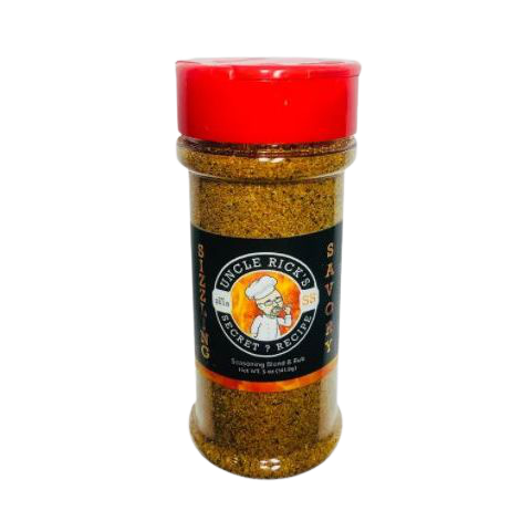 Clear plastic bottle of Uncle Rick's spicy grilling seasoning blend with a red lid in BBQ sauces and rubs collection