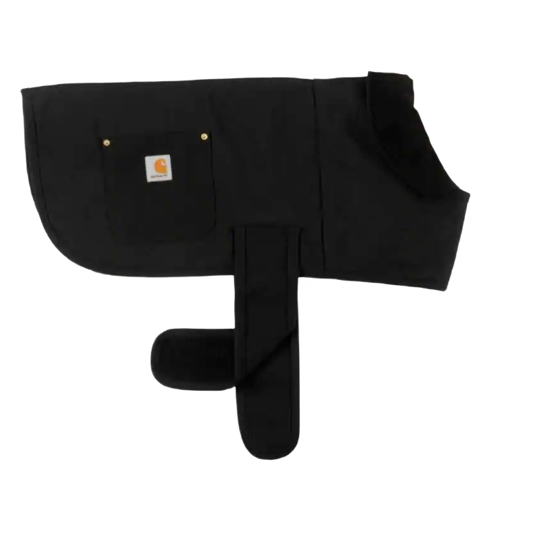 Black chore-style dog coat with water-repellent cotton duck fabric for outdoor pet protection in cold weather collections