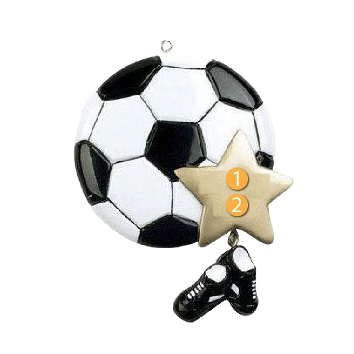 Round soccer ball ornament with gold star and dangling black cleats in Christmas Ornaments & Tree Decorations collection