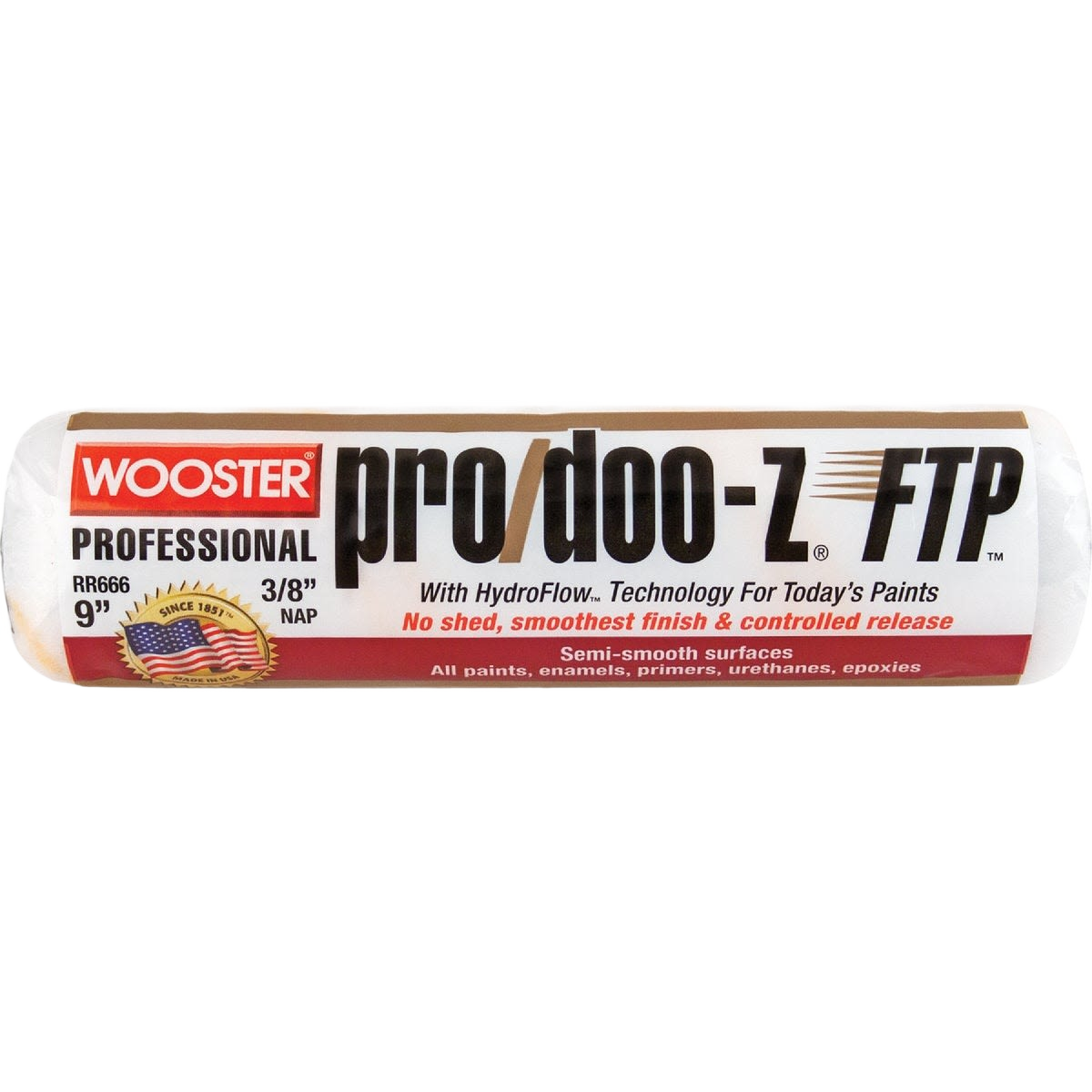 Fabric paint roller cover with 3/8 inch nap designed for smooth finishes on semi-smooth surfaces and home improvement projects