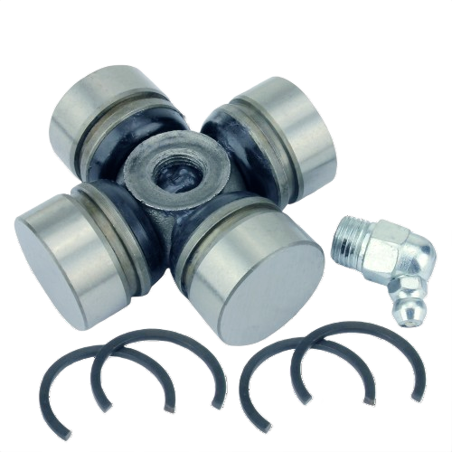 Metal universal joint cross bearing with grease fitting and retaining clips for tools and home improvement use