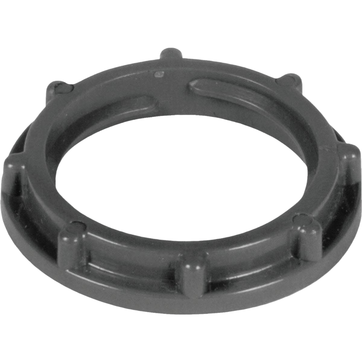 Black plastic conduit locknut with raised grip tabs for secure fastening in electrical and home improvement projects
