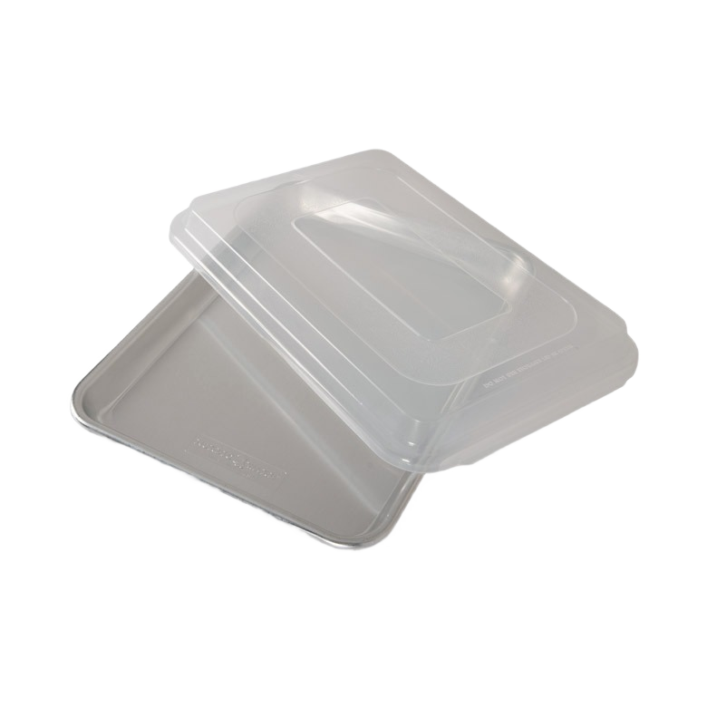 Natural aluminum quarter sheet pan with clear plastic lid, suitable for kitchenware and bakeware collections under $50