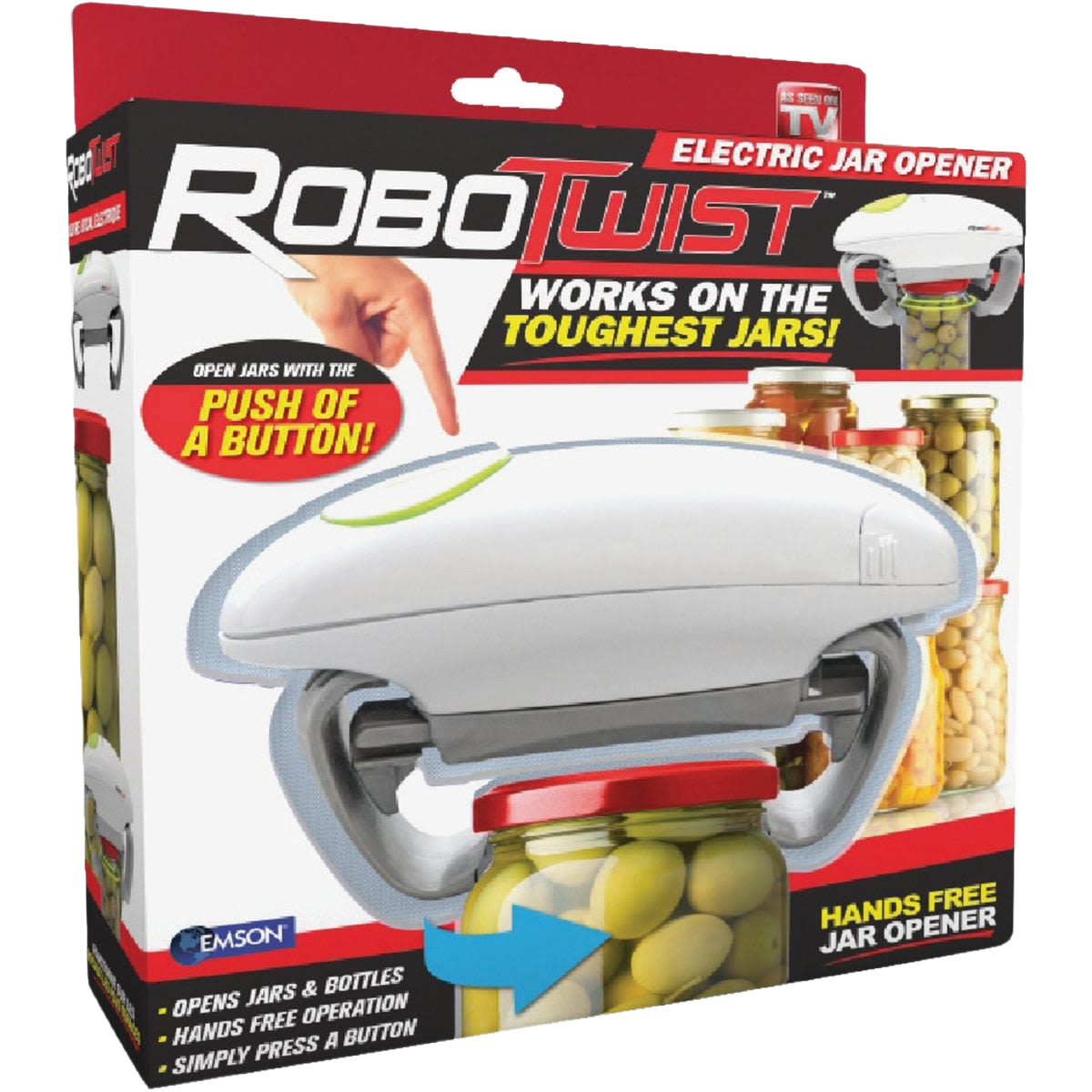 White and gray electric jar opener gripping a jar lid, displayed in kitchen gadgets and tools packaging box
