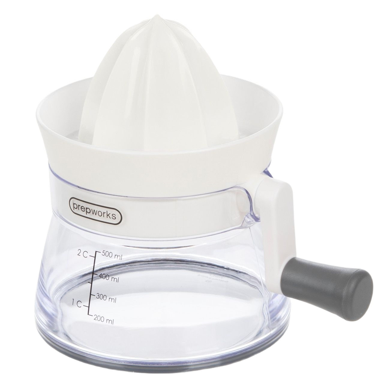 White and clear manual citrus juicer with measuring marks and black handle for kitchen gadget use