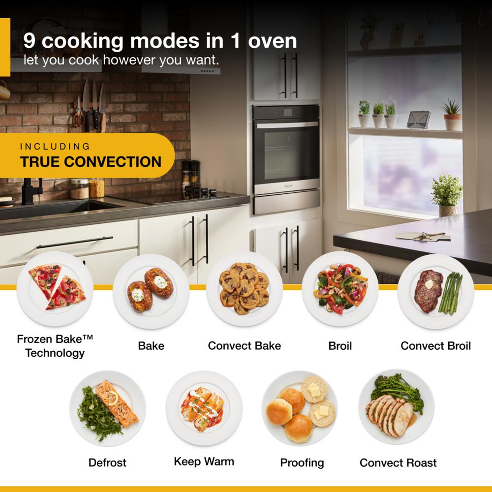 Modern kitchen with stainless steel convection wall oven showcasing nine cooking mode options for versatile home improvement appliances.