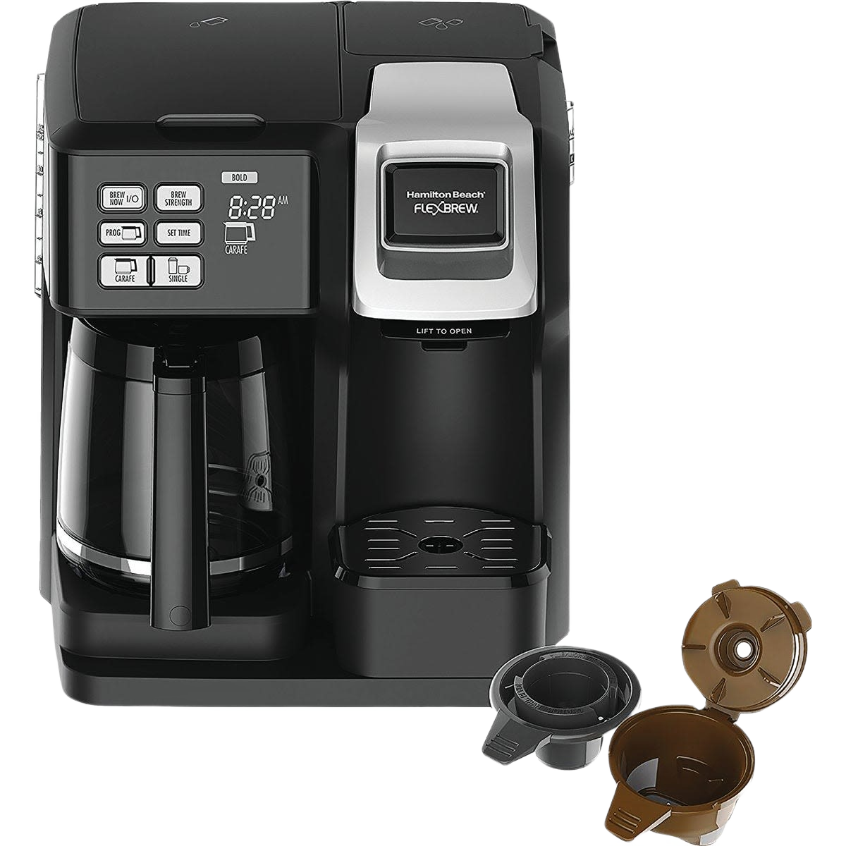 Black dual-function coffee maker with digital display and single-serve pods, part of small kitchen appliances collection