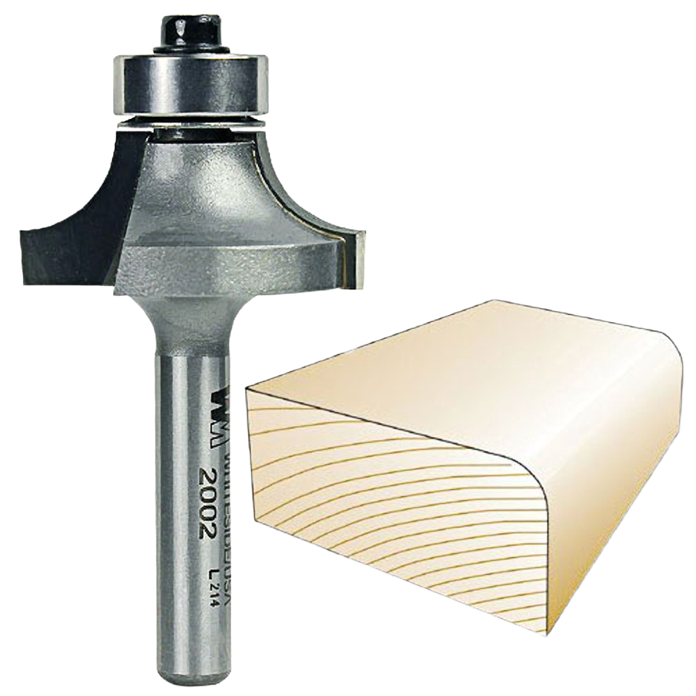 Roundover router bit next to rounded wooden edge sample for woodworking and power tool accessories under $50
