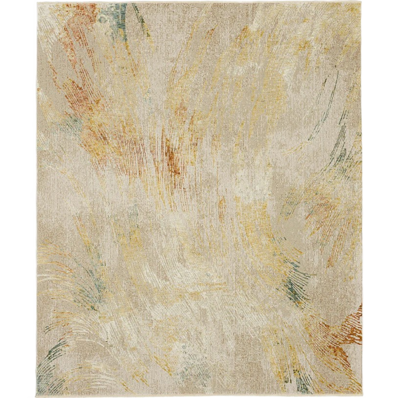 Abstract beige area rug with subtle accents in muted green and rust tones for stylish home decor.