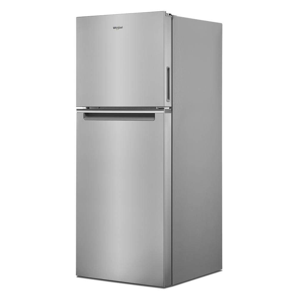 Stainless steel top-freezer refrigerator with sleek handles and compact design from kitchen appliances collection