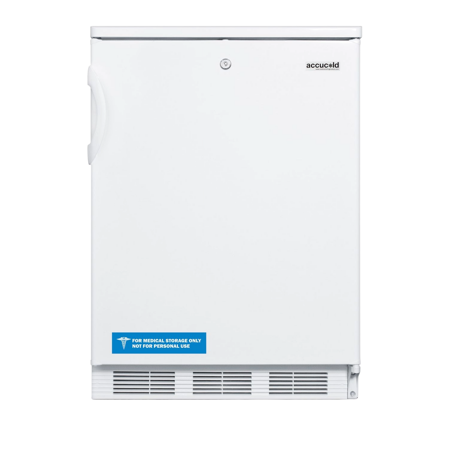 Compact white built-in all-refrigerator with lock and ventilation grille, designed for medical storage in appliances collection