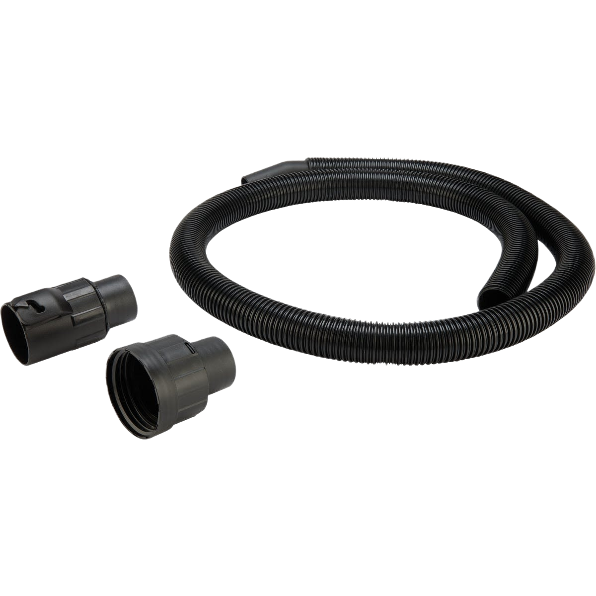 Flexible black wet/dry vacuum hose with two plastic adapters for versatile home improvement and cleaning tools