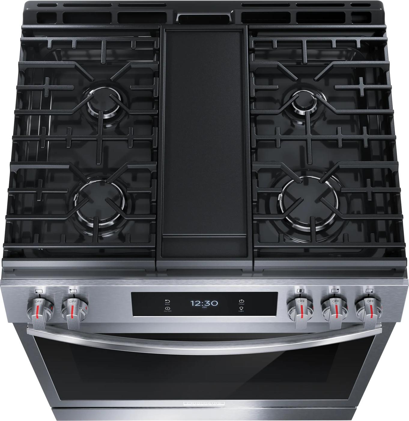top view of stainless steel gas range with five burners, front control knobs, and digital display from ranges collection