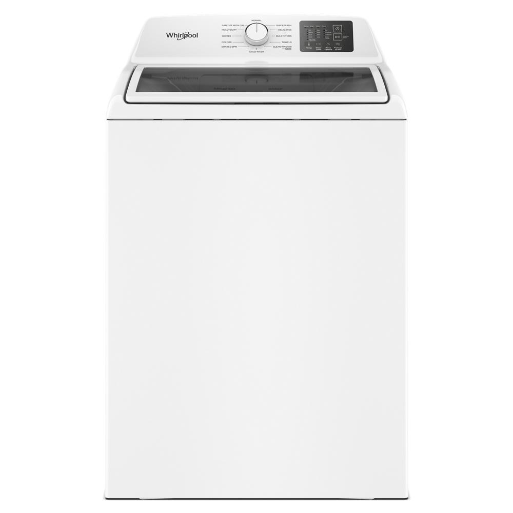 White top load washer with impeller and digital control panel featuring quick wash and soft close glass lid, part of Washers & Dryers and Appliances collections.