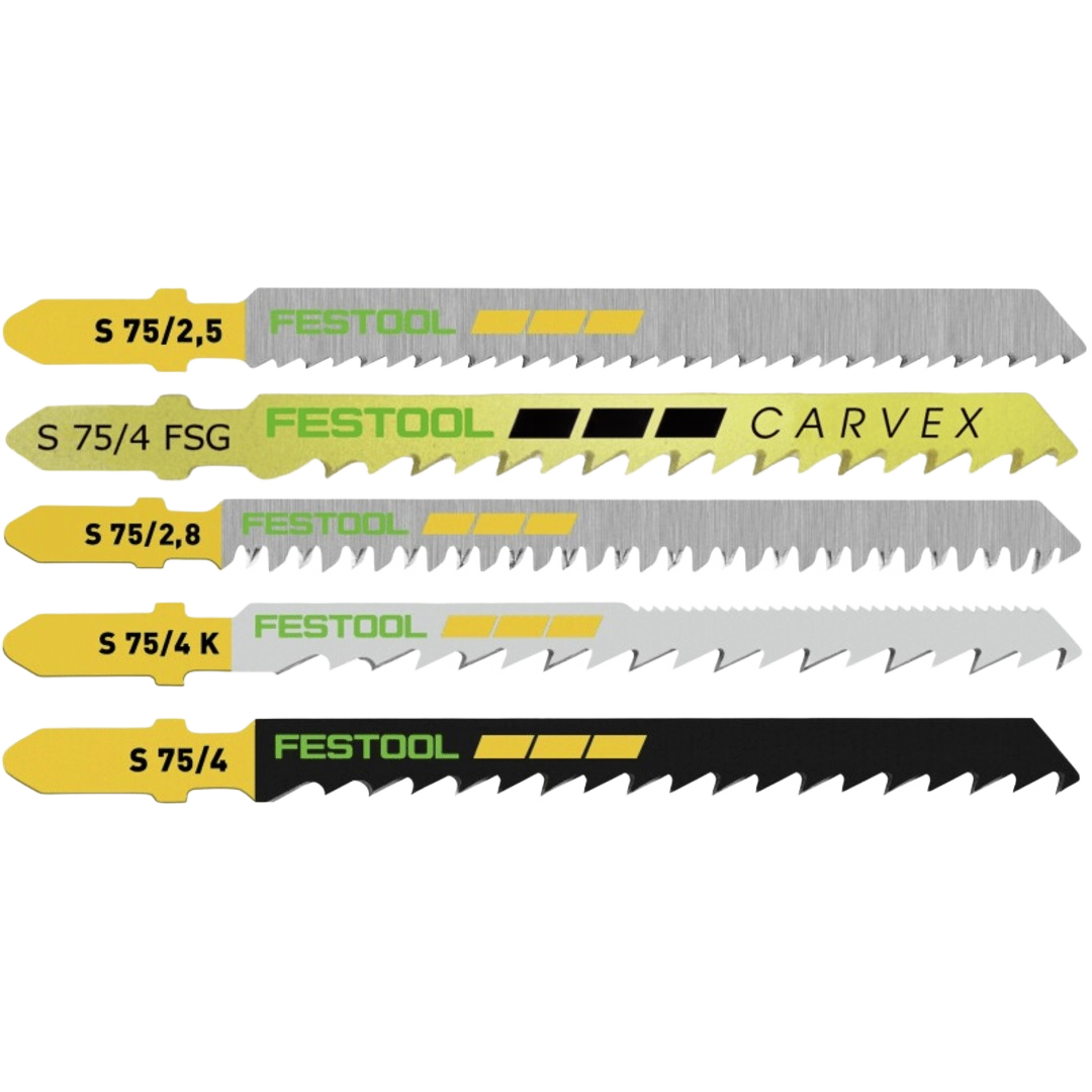 Five assorted Festool wood cutting jigsaw blades in yellow, black, and silver for woodworking tool accessories.