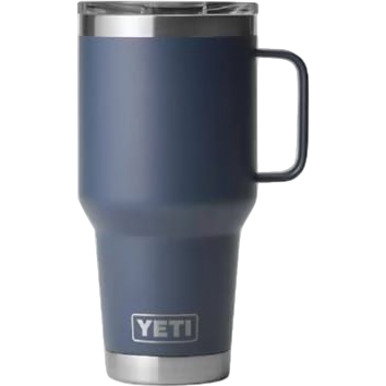 Blue 30 oz. YETI Rambler travel mug with handle and Stronghold lid, durable drinkware for kitchen and outdoor use collections