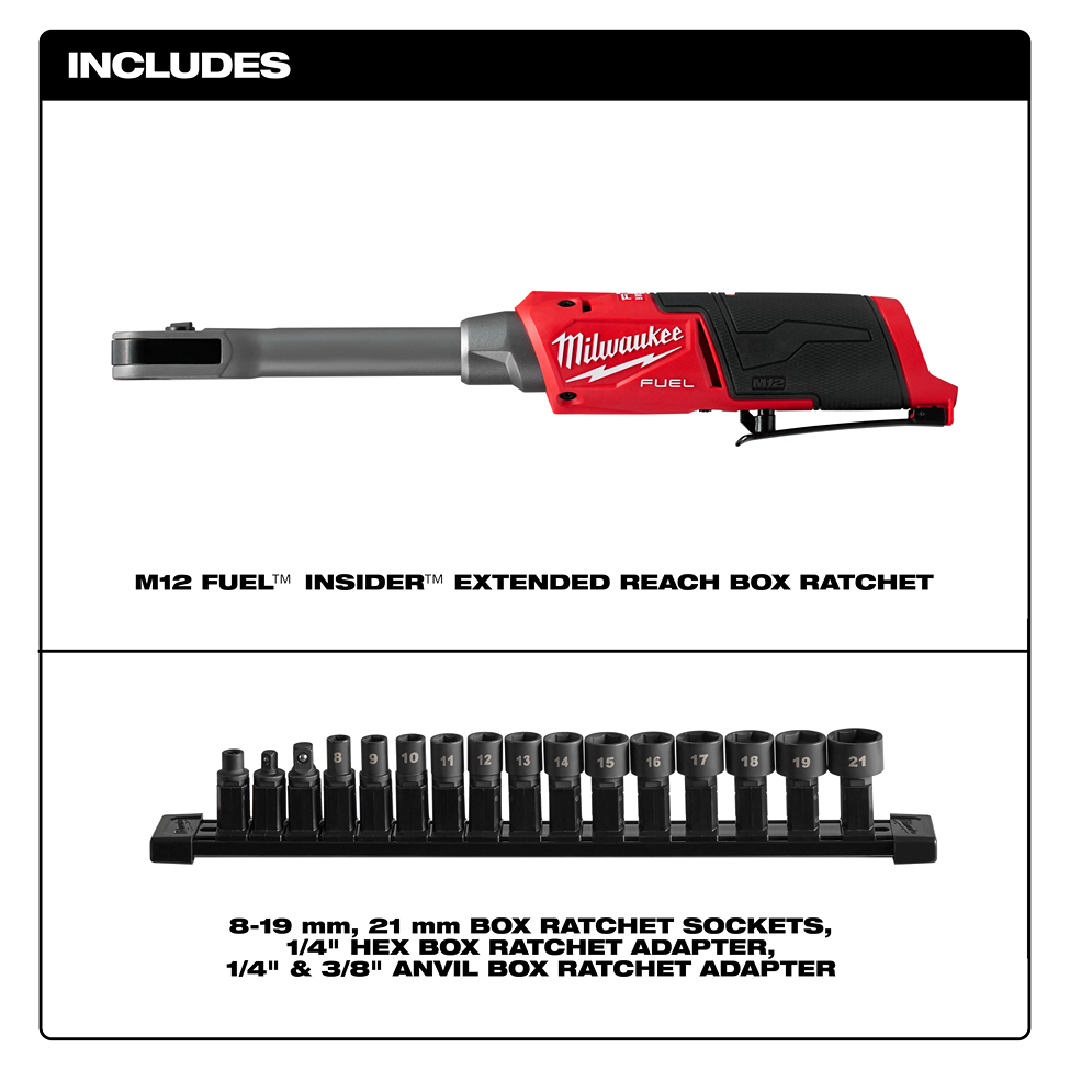 Milwaukee red and black extended reach box ratchet with a full set of metric sockets and adapter accessories for tools and home improvement