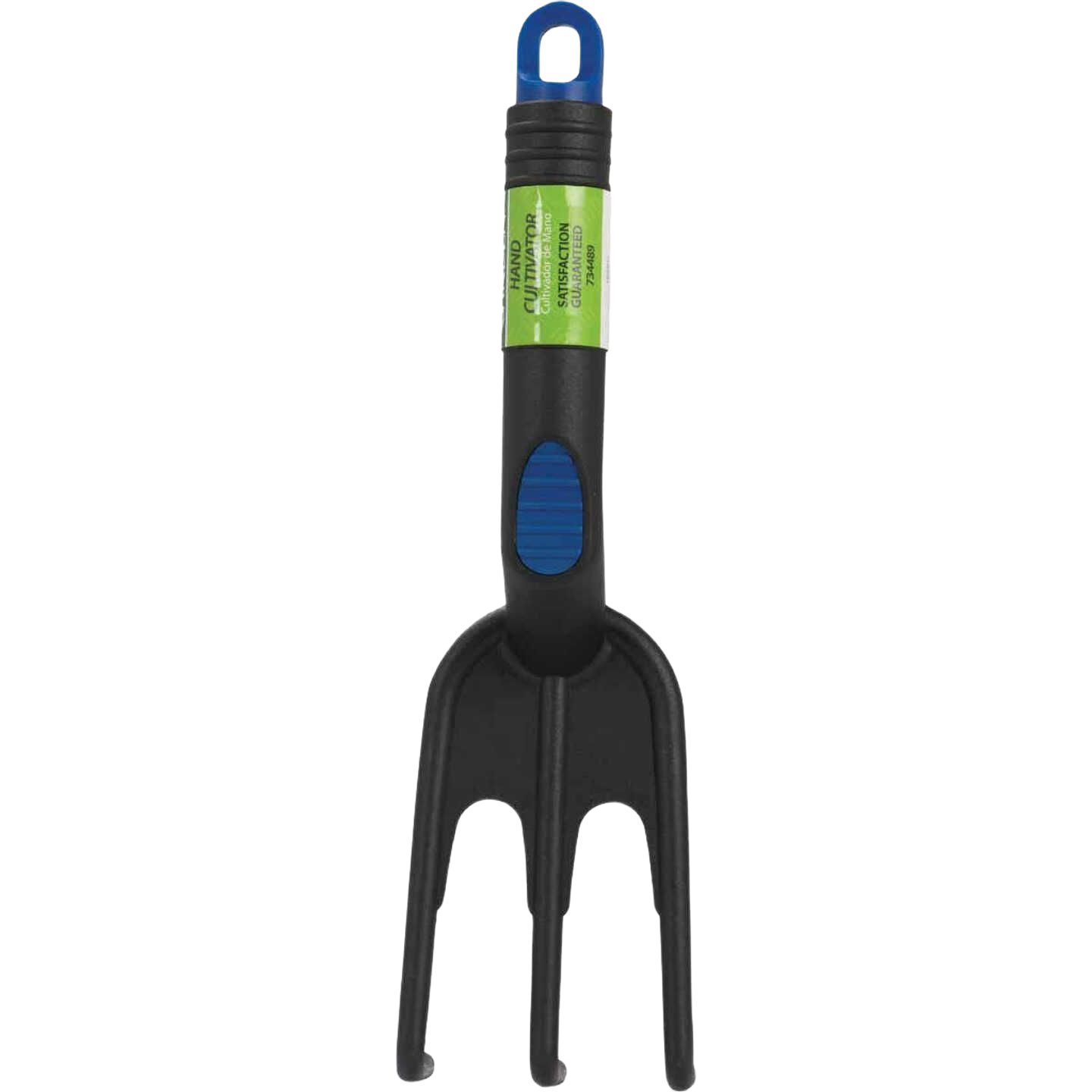 Black and blue hand cultivator with three prongs and ergonomic grip for gardening and home improvement use