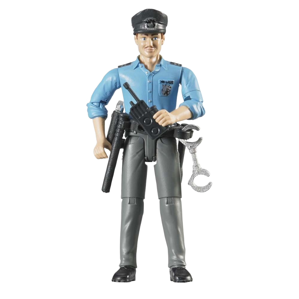 Light skin police action figure wearing blue uniform holding walkie-talkie with handcuffs and baton accessories