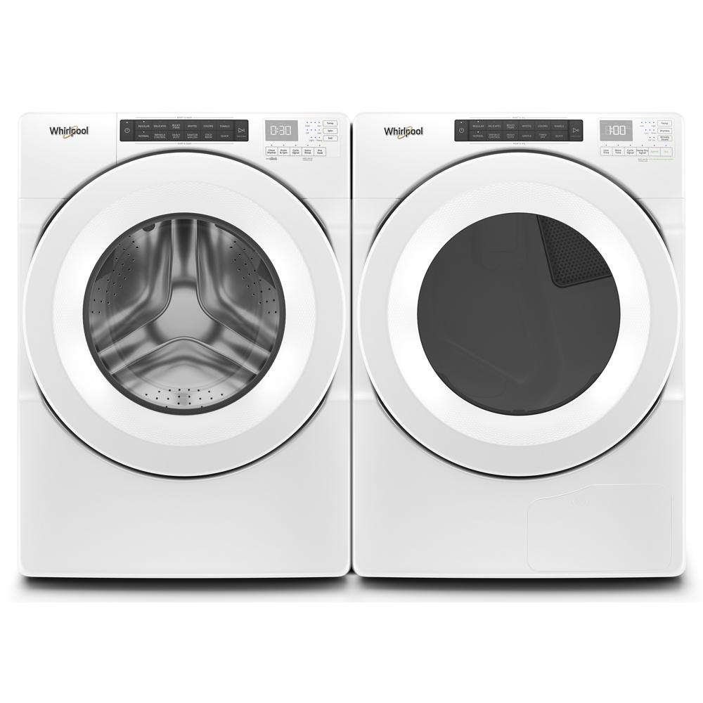 White front-load washer and matching dryer set with digital touch controls from laundry appliances collection