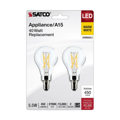 Pack of two clear A15 LED bulbs with warm white light, candelabra base, 450 lumens, suitable for home improvement lighting.