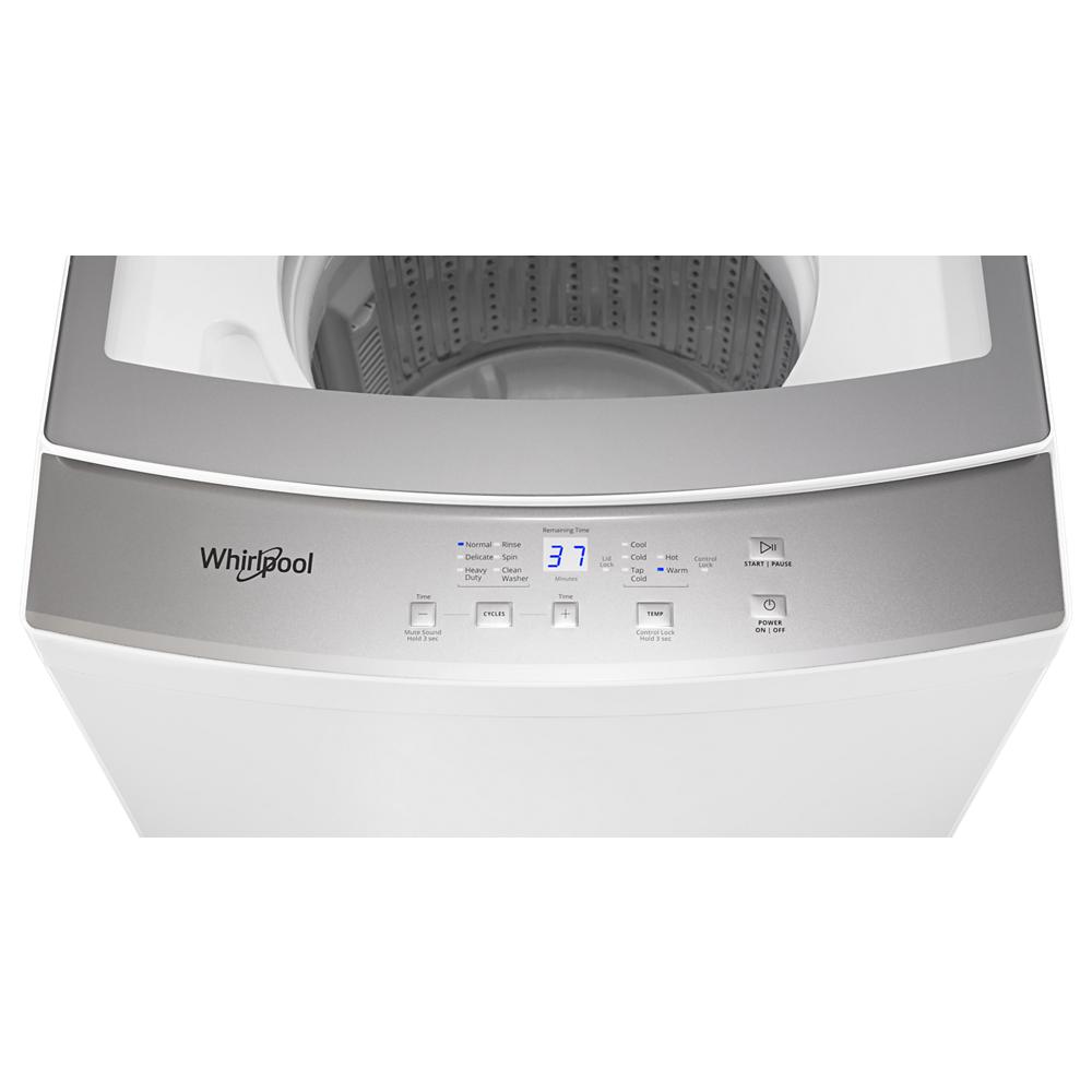 Top load Whirlpool washer with digital control panel displaying cycle options and timer, part of appliance laundry centers at Hartville Hardware.