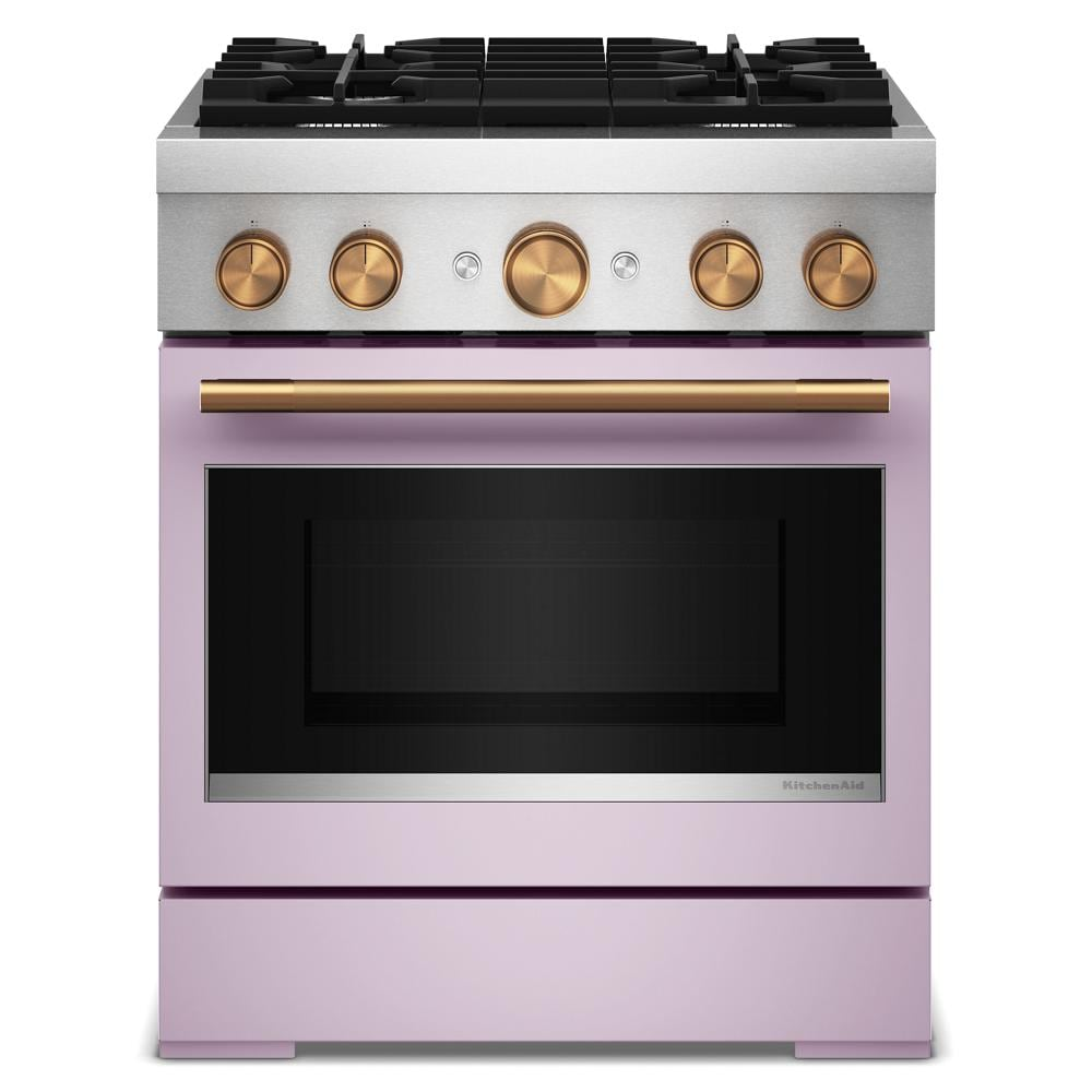 30-inch dual fuel range with four burners, stainless steel top, lavender body, and brass-finish control knobs and handle