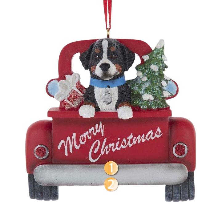 Bernese Mountain Dog in red truck ornament with Christmas tree and gifts for holiday decorations