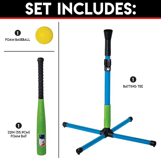 Youth batting tee with blue adjustable base, black rubber cup, green foam bat, and yellow foam ball in outdoor games collections