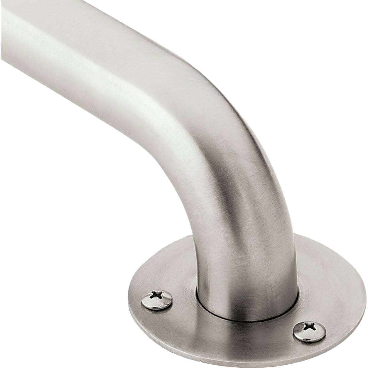 Close-up of a 36-inch stainless steel bathroom grab bar with exposed screw mounting for safety and support.