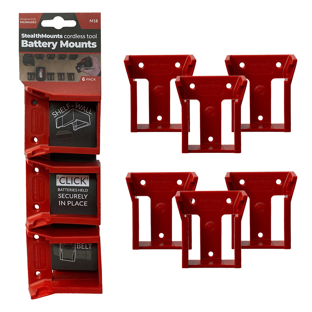 Red cordless tool battery mounts, 6-pack designed for wall or belt storage in workshop organization and tool storage collections