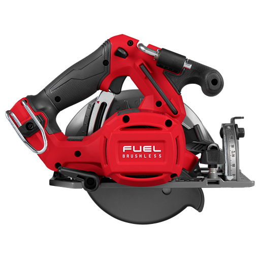 Red and black cordless circular saw with brushless motor and ergonomic grip for efficient home improvement cutting tasks