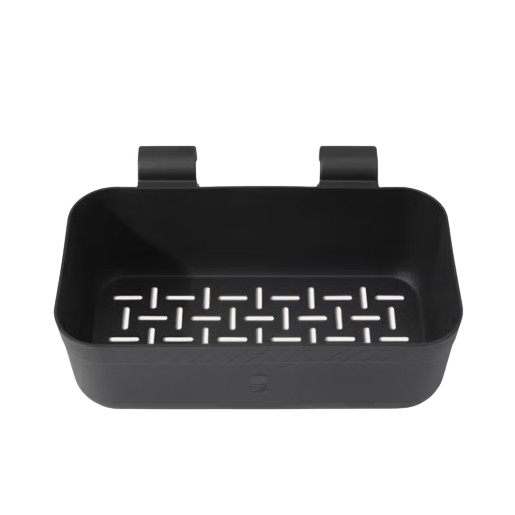 Black plastic condiment holder with drain holes and hooks for grilling accessories and outdoor living spaces