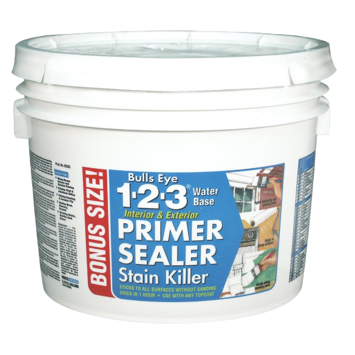 White water-based stain blocking primer and sealer in a large container for interior and exterior home improvement projects