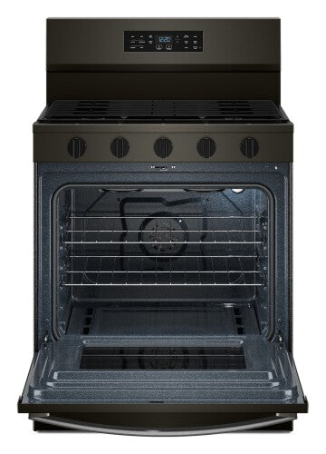 30-inch black gas range with digital display, five control knobs, open oven with racks from ranges and kitchenware collections