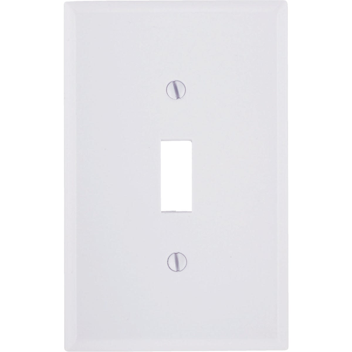 White plastic 1-gang wall plate with toggle switch opening and two mounting screws for home improvement projects