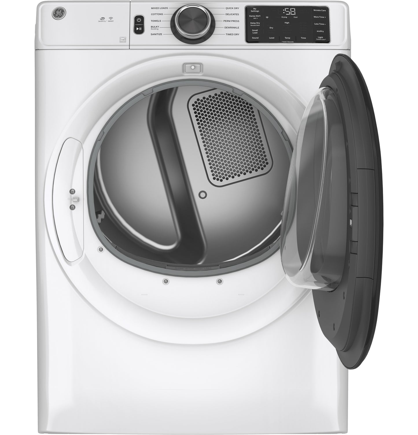 White smart front load electric dryer with digital controls and open door from Dryers and Appliances collection