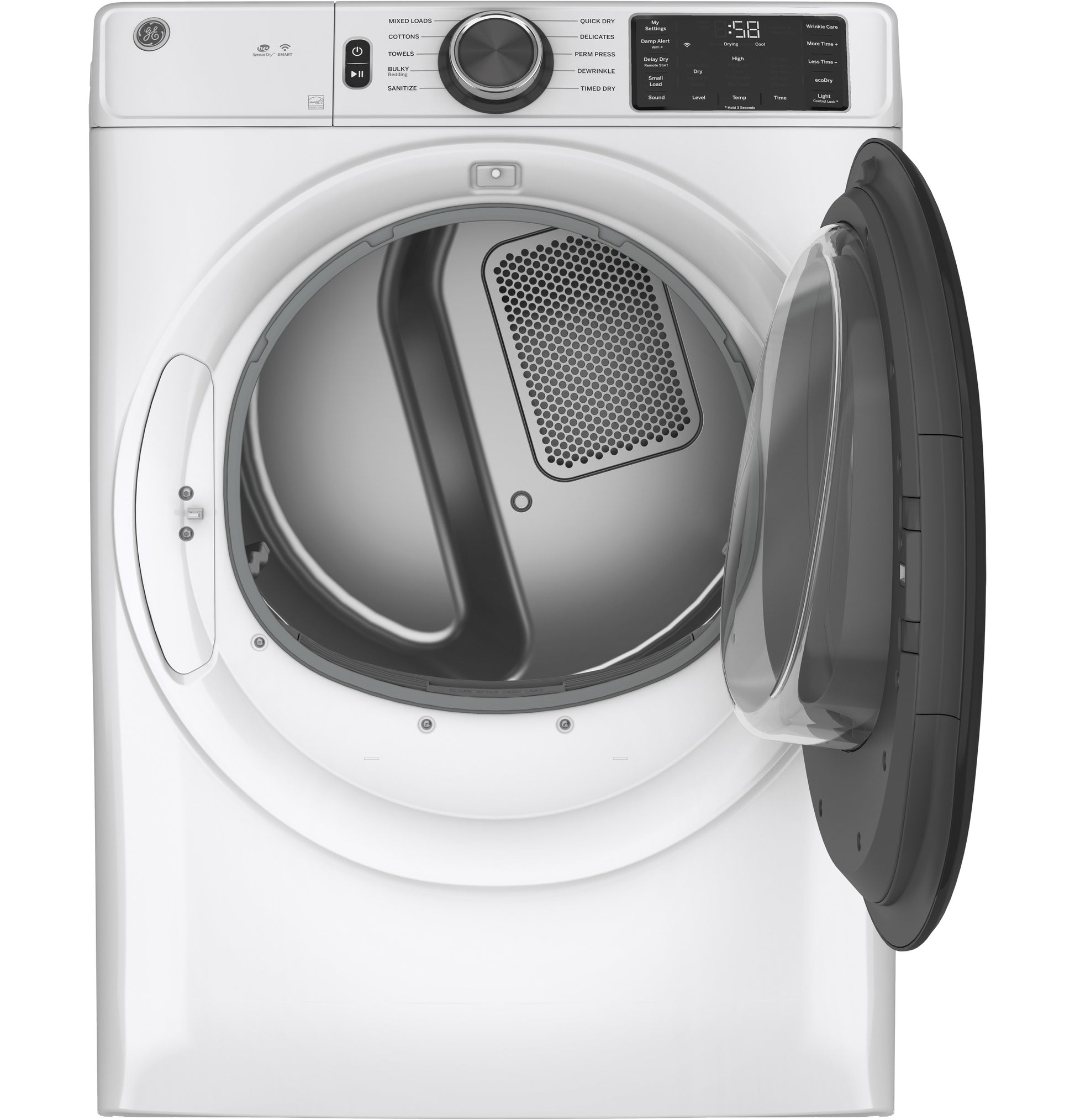 White smart front load electric dryer with digital controls and open door from Dryers and Appliances collection